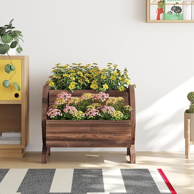 Wooden Wagon Planter Box, Standing Garden Planter, Decorative Outdoor Container