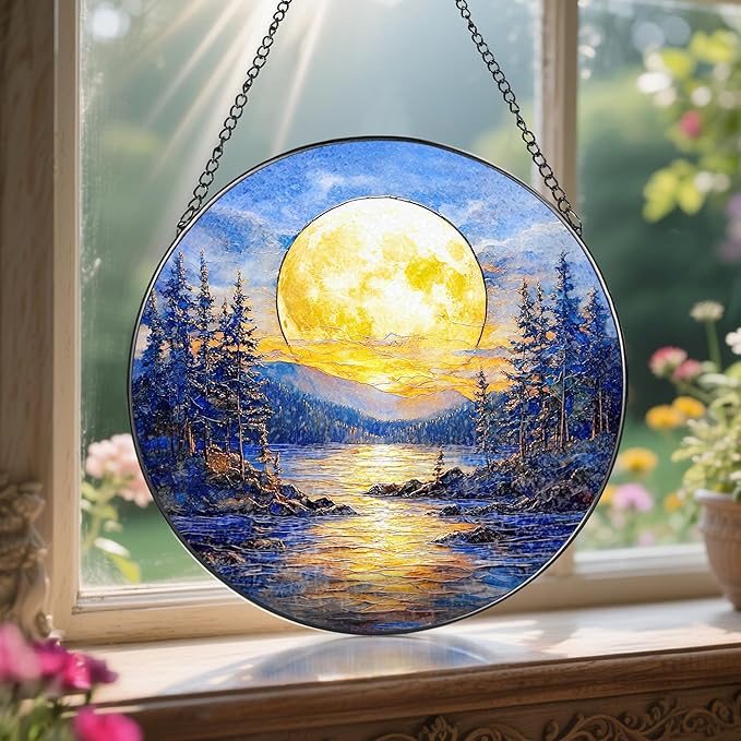LAOWEIKI 8'' Full Moon Over Forest Lake Suncatcher Ornament, Stained Glass Window Hanging, Sun Catchers for Windows Hanging Ornaments, Window Decor | Gifts for Christmas, Birthday, Father's Day