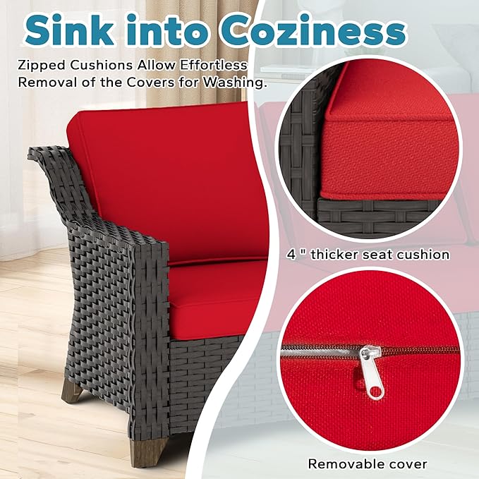 5 Pieces Patio Conversation Furniture Set - 1 Sofa, 4 Armchairs, Outdoor Wicker Furniture with Removable Cushions for Porch, Balcony, Sunroom (Red)