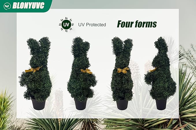BLONYUVC Bunny-Shaped Topiary Ball 36'' Artificial Tree Rabbit Bowknot Pot UV-Resistant Faux Boxwood Topiaries Plant for Porch Decor Outdoor/Indoor 2 Pack