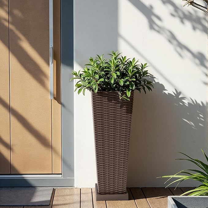 Flamaker Set of 2 Resin Rattan Planters with Tray for Indoor Outdoor, 24'' Tall Flower Pots with Drainage Holes&Inner Pot, Tapered Planters for Garden, Patio, Porch (Brown, Small)