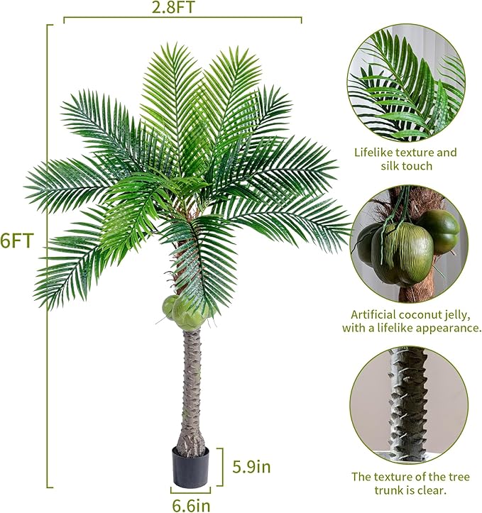 Erimda 30-Year Factory Faux Coconut Tree - 6FT Faux Palm Tree Realistic Thick Trunk & Heavy Duty Leaves, Hand-Carved Bark Texture, Indoor Tropical Decor for Living Room/Store, No Shiny Plastic Look