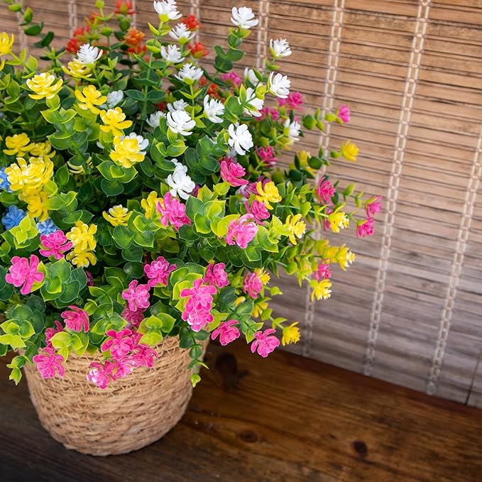 BCBLF Artificial Flowers Outdoors, 12 Bundles Fake Flowers UV-Anti for Decoration Faux Plastic Plants Garden Porch Window Box Décor, WhitePinkYellowOrangeBlueGreen