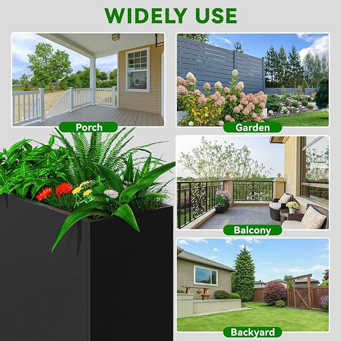 NUWJBYE Tall Metal Planter Box, 30" L x 10" W x 24" H Large Outdoor Planters with Drainage & Adjustable Shelf, Heavy Duty Steel Rectangular Planter for Patio, Balcony, Indoor(Black)