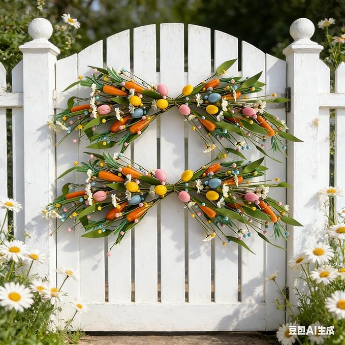 22'' Easter Swag Wreath with Carrots and Easter Eggs for Front Door Artificial Spring Floral Teardrop Swag with White Daisy Flower for Farmhouse Kitchen Cabinet Porch Wall Window Cabinets Wedding Arch