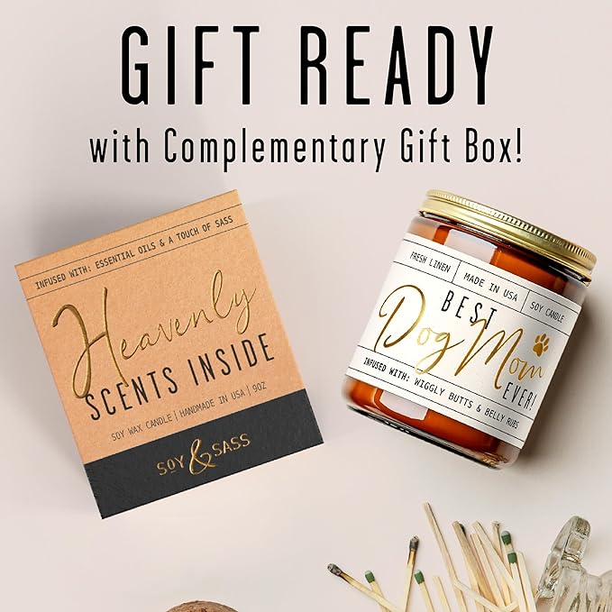 Dog Mom Gifts for Women, Dog Lovers Gifts for Women - 'Best Dog Mom Ever' Soy Candle, w/Fresh Linen I Gifts for Dog Lovers I Dog Gifts for Women I 9oz Reusable Jar, 50Hr Burn, Made in USA
