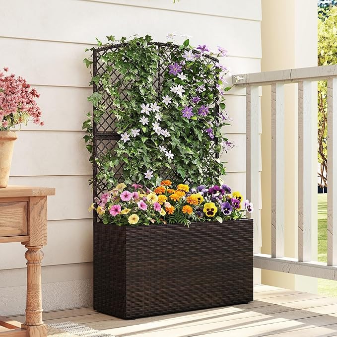 HAPPYGRILL Raised Garden Bed with Trellis, 49" Wicker Planter Box w/Privacy Screen, Liner, Drainage for Patio Balcony, Outdoor PE Rattan Elevated Garden Bed for Climbing Plant Vine Flower (Brown,2)
