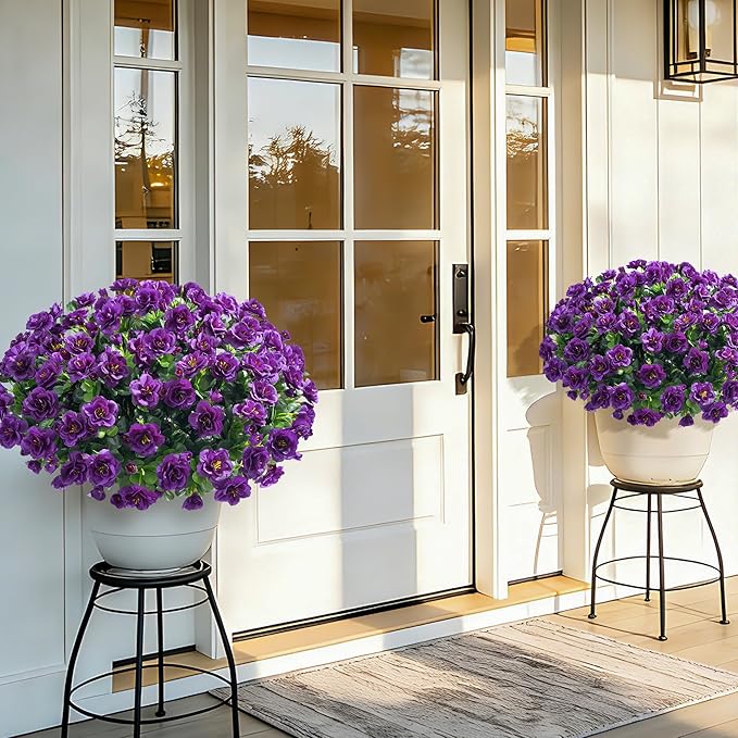 Artificial Fake Outdoor Flowers Plants, Faux Silk Purple Camellia Bundles UV Resistant No Fade Realistic for Planter Pot, Outside Porch Patio Balcony Garden Yard Home Decoration, 3 Large Bundles