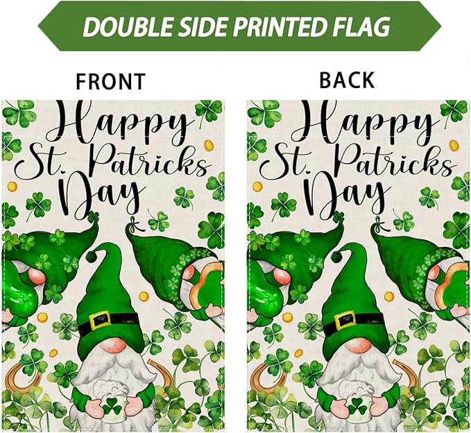 Gnomes Green Shamrocks Clovers St. Patrick's Day Garden Flag 12x18 Inch Double Sided Small Mini Yard Flag Outdoor Outside Holiday Party Decoration
