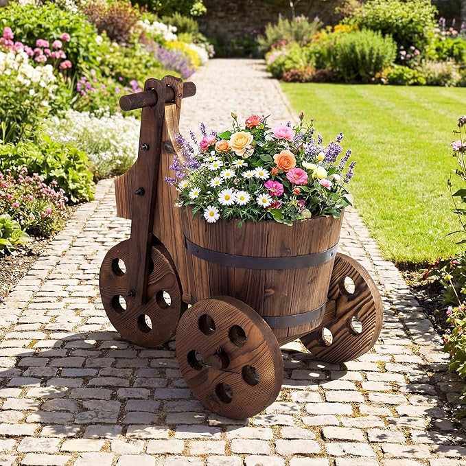 Giantex Wooden Wagon Planter with Wheels, Rustic Wood Plant Stand with 3 Wheels & Drainage Hole for Flowers Herbs Vegetables, Indoor Outdoor Decorative Garden Flower Cart for Patio Backyard (1)