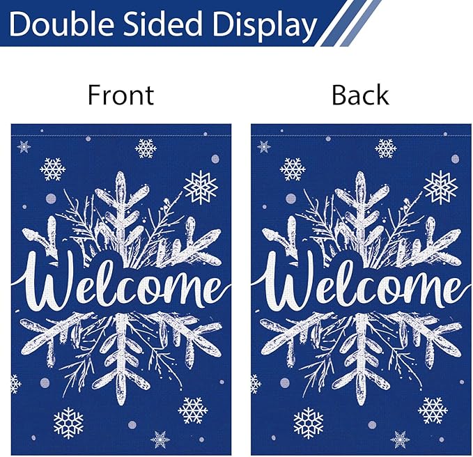 Heyfibro Welcome Christmas Winter Garden Flag 12x18 Inch Double Sided Burlap, Snowflake Yard Banner for Seasonal Holiday Xmas Outdoor Decoration(ONLY FLAG)