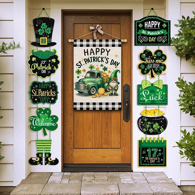 Happy St Patricks Day House Flag 28x40 Inch Double Sided Shamrocks Gnome Truck Buffalo Plaid Outside Large Holiday Flag for Yard Outdoor Decoration