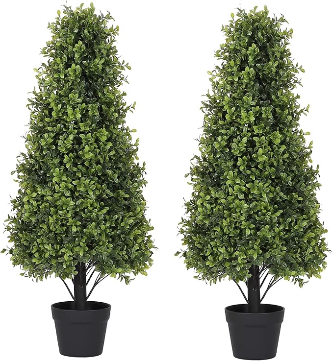 Azoco 3ft Artificial Boxwood Topiary Trees (Set of 2) - UV Resistant Faux Plants Outdoor, Realistic 36" Fake Cone Bushes and Shrubs for Front Porch, Planter, Patio - Low Maintenance & Evergreen