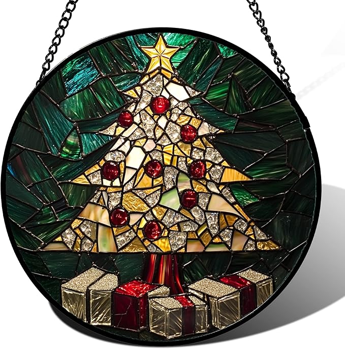 HWRHTR Stained Glass Window Hanging - Golden Christmas Tree Suncatcher for Doors Home Christmas Decoration Winter Sun Catcher Thanksgiving New Year Birthday Gifts for Women Men Mom Nana Girl 11.8 in