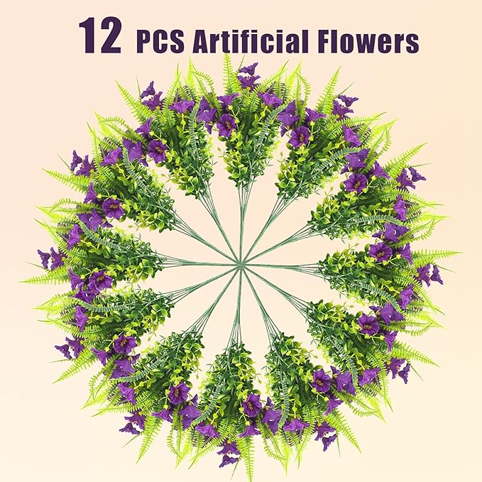 HIAGROW Spring Artificial Flowers Outdoors 12 Bundles Artificial Petunias Fake Flowers UV Resistant Shrubs Plants with Fern for Indoor Outside Hanging Planters Home Garden Decorations (Light Purple)