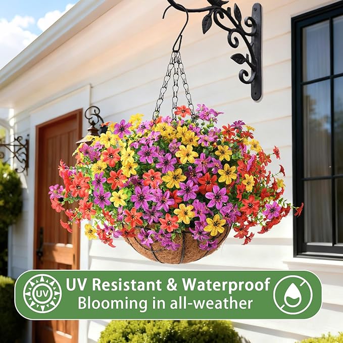 INQCMY Artificial Flowers Hanging Baskets for Outdoors Spring Decor, 12 Bundles Fake Plants Faux Silk Daisy with Eucalyptus Stem UV Resistant for Outside Patio Balcony Garden(4 Mix Colors)