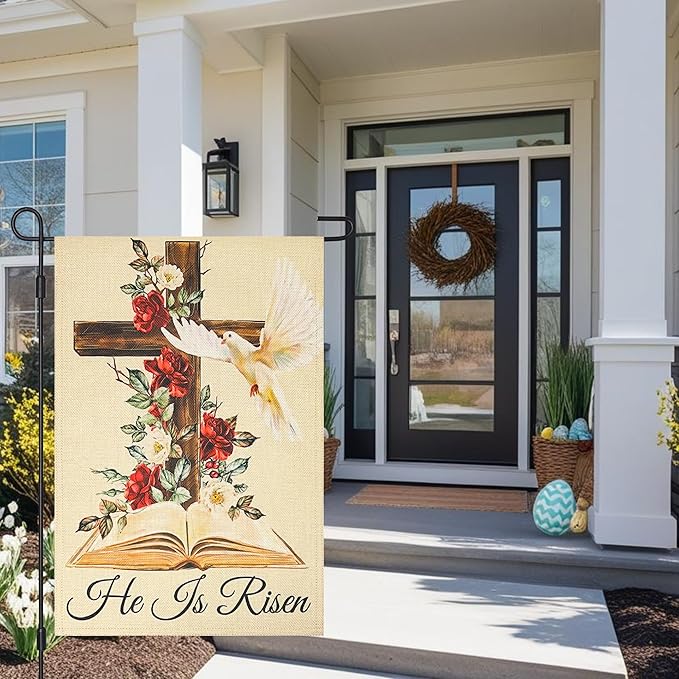 He Is Risen Easter Garden Flag Double Sided 12×18 Inch,Cross Flowersn Dove Decorations Small Burlap Religious Holiday Yard Flags for Outside