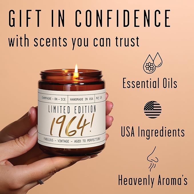 62nd Birthday Gifts for Women - 'Limited Edition 1964' Soy Candle, w/Champagne on Ice I 62nd Birthday Gift for Her Ideas I 9oz Reusable Jar, 50Hr Burn, Made in USA