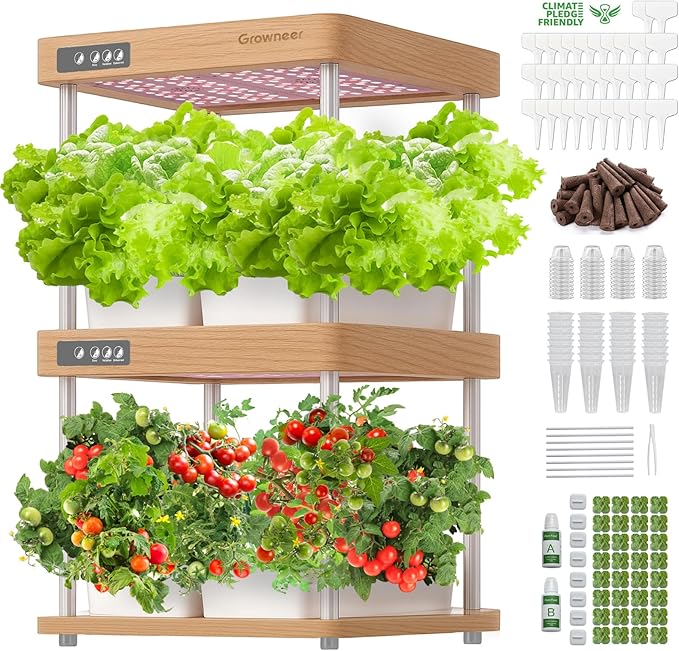 GROWNEER HydroEasy1.0 Hydroponic Growing System, 2-Tier Indoor Garden with Full-Spectrum LED Grow Lights, 32 Pods, Solid Wood Design, Independent Water Circulation, Ideal for Vegetable, Herb, Red Oak