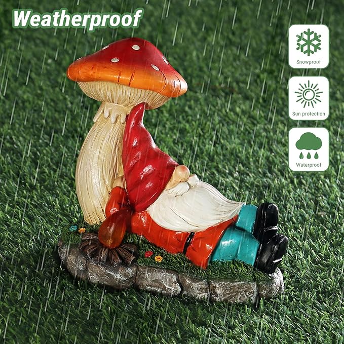 Garden Gnomes Statues with Solar LED Light, Solar Powered Gnome Sculptures for Patio Yard Lawn Balcony Decor Mother's Day Birthday Gifts for Women Mom 8.5 Inch