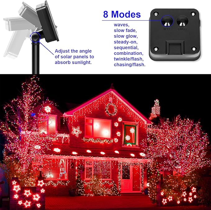 YAOZHOU Red Solar Christmas String Lights Outdoor Waterproof, 2Pack Total 200Led 8 Modes Copper Fairy Lights, Solar Powered Outside Decorations for Valentines Day, Garden, Patio, Fence, Balcony