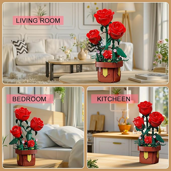 EITOLNR Roses Flowers Botanicals Building Sets,Artificial Plants Bonsai Building Blocks Toys for Adults,Indoor Home Office Decor,Easter Christmas Birthday Gift for Adults Women,Girls Age 8-12(307Pcs)