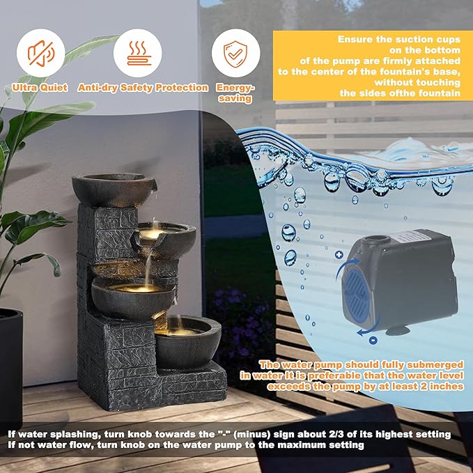 MAGIC UNION Outdoor Water Fountain, 4 Tiers Cascading Bowls Waterfall Indoor Fountain Garden Decor w/LED Lights, Outside Patio Resin Stacked Stones Fountains for Yard, Deck and Porch (Brown)