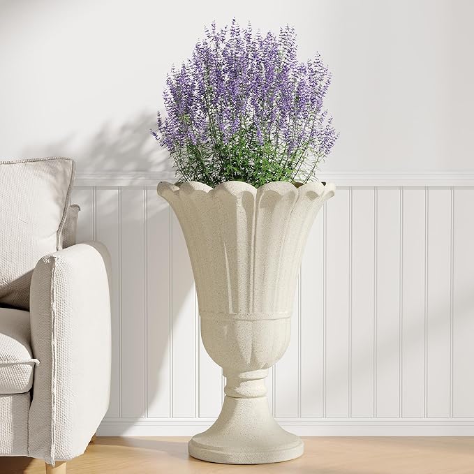 seethmi 23" Tall Planters for Outdoor Plants Set of 2, Planter with Drainage Holes and Petal Design, Large Outdoor Planters for Porch, Garden, Indoor, Beige