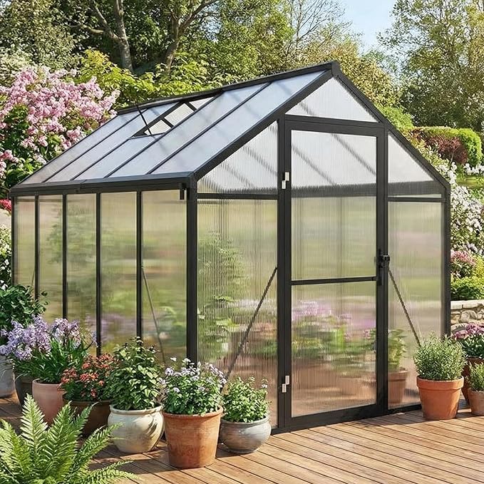 6x10 FT Greenhouse, Polycarbonate Walk-in Greenhouse for Outdoors with Roof Vent & Lockable Outward-Opening Swing Door, Heavy-Duty Aluminum Green House for Garden, Backyard, Patio, Lawn, Dark Grey