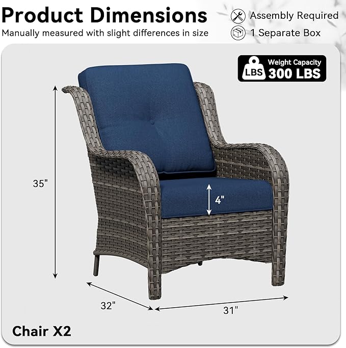 Patio Chairs Set of 2, Outdoor Wicker Patio Furniture Set with Thickened Olefin Cushions, High Back and Deep Seating, Wide Curved Armrest Hand-Woven PE Rattan for Porch, Deck, Blue