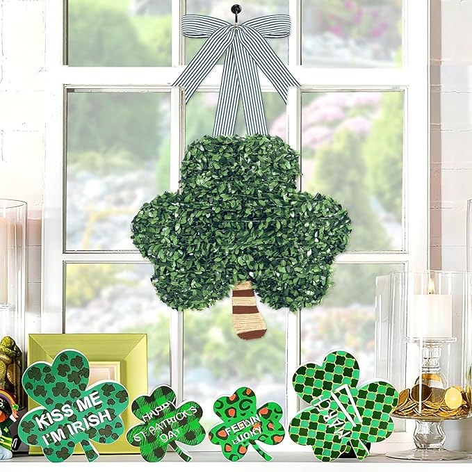 St. Patrick's Day Decorations, St Patricks Day Shamrock Wreath, Lucky Green St. Patrick's Day Door Swag for Fireplace Mantel Walls, Shamrock Clover Hanging Decoration for Front Door Spring Decor