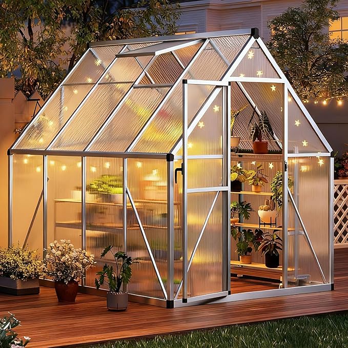 6x7 Ft Sturdy Greenhouse with Roof Vent, Polycarbonate Greenhouse with Lockable Door, Aluminum Large Walk-in Green House for Outside Garden Backyard, Patio, Lawn, and Garden
