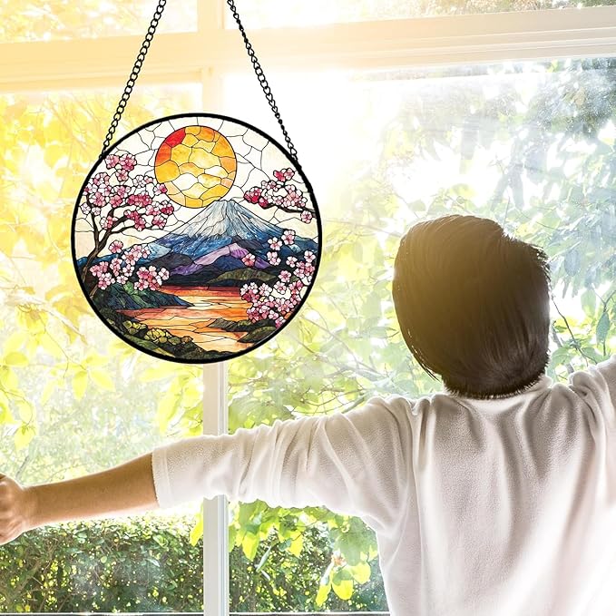 DASTOLL Stained Glass Window Hanging, Sun Blooming Cherry Blossoms Suncatcher Diamond Glass Panel Sun Catchers Decor for Birthday for Women, Men, Wife, Aunt, and Mom 14.9x14.9 in