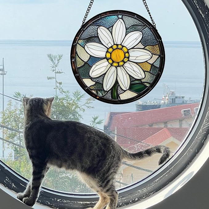 HWRHTR Stained Glass Window Hanging - Yellow White Daisy Birth Flower Suncatcher for Door Garden Yard Sun Catchers Decor Christmas Mother's Day Birthday Gifts for Teacher Women Mom Nana 6.3 in