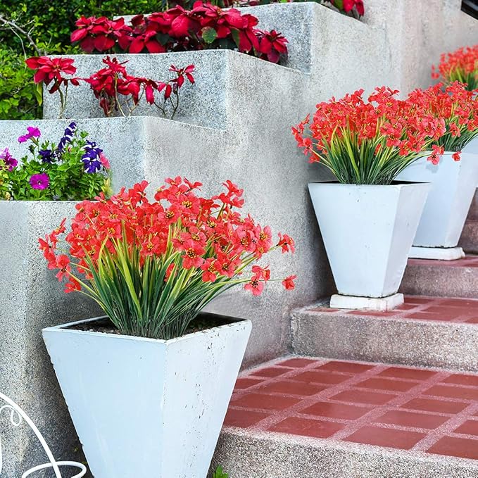 JEMONG 20 Bundles Artificial Flowers Outdoor UV Resistant Fake Flowers No Fade Faux Plastic Plants Garden Porch Window Box Decorating (Deep Red)…