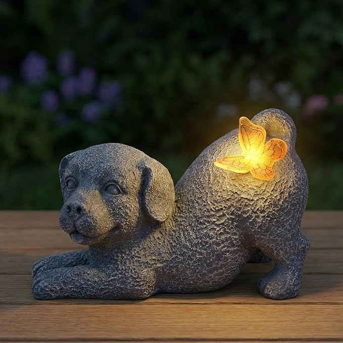LEWOME Solar Dog Statue with Butterfly Light, Outdoor Puppy Resin Garden Figurine for Patio Yard Lawn, Pet Memorial Gift for Dog Lovers.