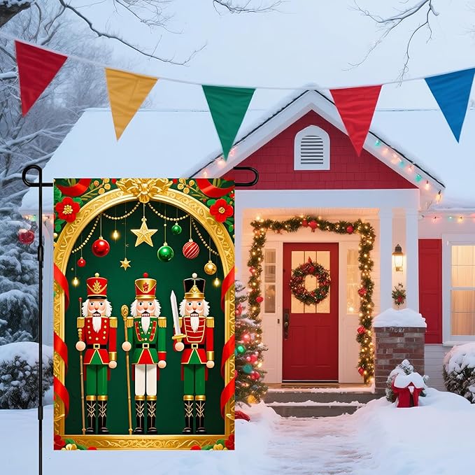 IVN Christmas Garden Flag 12x18 Inch Double Sided Classic Nutcracker Soldiers with Ornaments Outdoor Yard Flag for Outside Home Front Door Lawn Porch Patio Welcome Decor