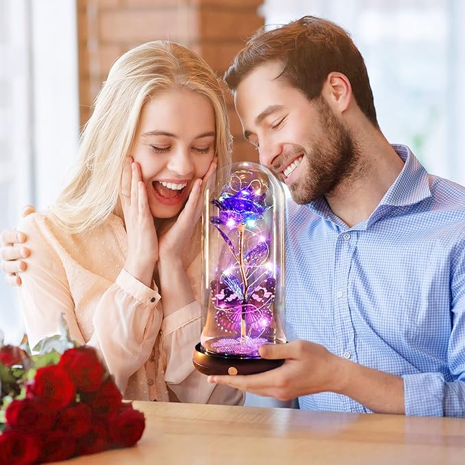 Valentines Day Rose Gifts for Her Birthday Gift for Women Rechargeable Galaxy Glass Rose in Glass Dome Crystal Roses Flowers Butterfly Valentine Gifts for Women Daughter Mom Wife Girlfriend Purple