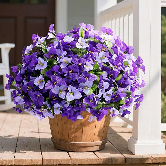Artificial Spring Flowers for Outdoors, 4 Bundles Fake Bougainvillea UV Resistant Silk Flowers for Outside Faux Outdoor Plants for Planter Patio Porch Window Garden Home Decoration, Mixed Purple