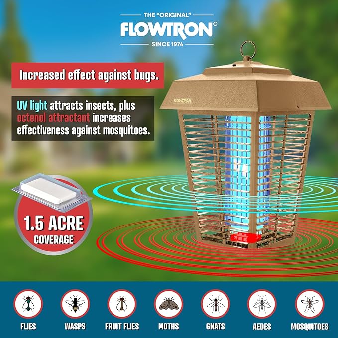 Flowtron Bug Zapper, 1-1/2 Acre of Outdoor Coverage with Powerful 80W Bulb & 5600V Instant Killing Grid, Electric Insect, Fly & Mosquito Zapper, Made in The USA, UL Certified - Tan Color