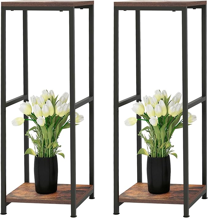 CASIMR Plant Stand for Indoor, Tall Metal Shelf with Square Wooden Board, 2 Tier Display Rack for Multiple Plants, 32 Inch Tiered Flower Pot Holder for Corner Living Room Balcony Garden Patio