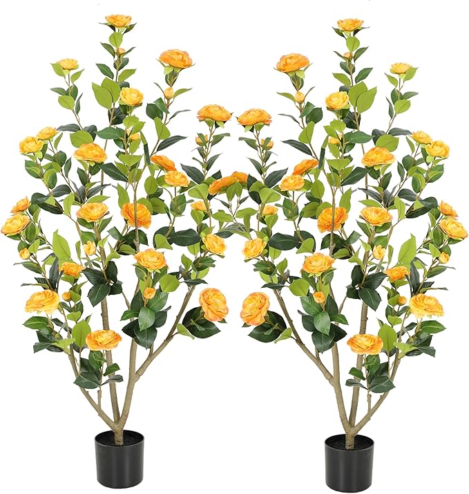 Nafresh 4FT Lush Artificial Orange Camellia Tree Outdoor 2 Pack, 48inch Faux Camellia Plant, Fake Camellia Flowers Tree for Indoor Outdoor Living Room Home Patio Front Door Garden Decor