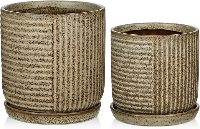 Oairse Ceramic Pots for Indoor Plants, 6.1 +4.9 inch Pots for Plants Set of 2 Brown Plant Pots with Drainage Holes and Saucers Texture Ceramic Planters Indoor Outdoor Flower Pot for Succulent