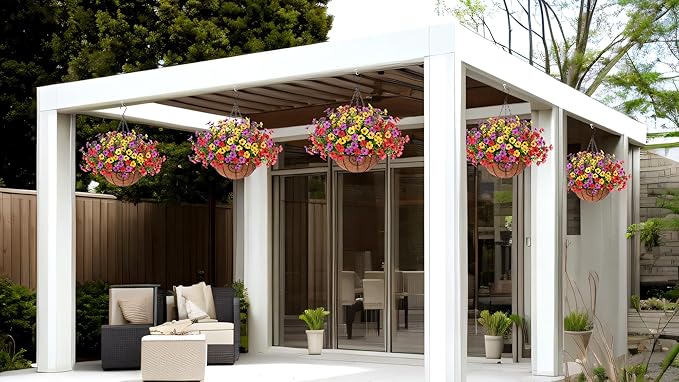 Artificial Flowers Hanging Basket for Outdoor Spring Decor, Fake Silk Mums Daisy with Eucalyptus in 12" Metal Coconut Lining Pot Arrangement for Home Patio Yard Decor(Purple Red Yellow)