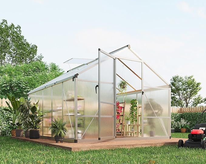 8X10 FT Greenhouse for Outdoors, Polycarbonate Flower Greenhouse with Roof Vent, Push-Pull Lockable Door, Aluminum Walk-in Greenhouses for Outside Garden Backyard, Patio, Lawn, Silver