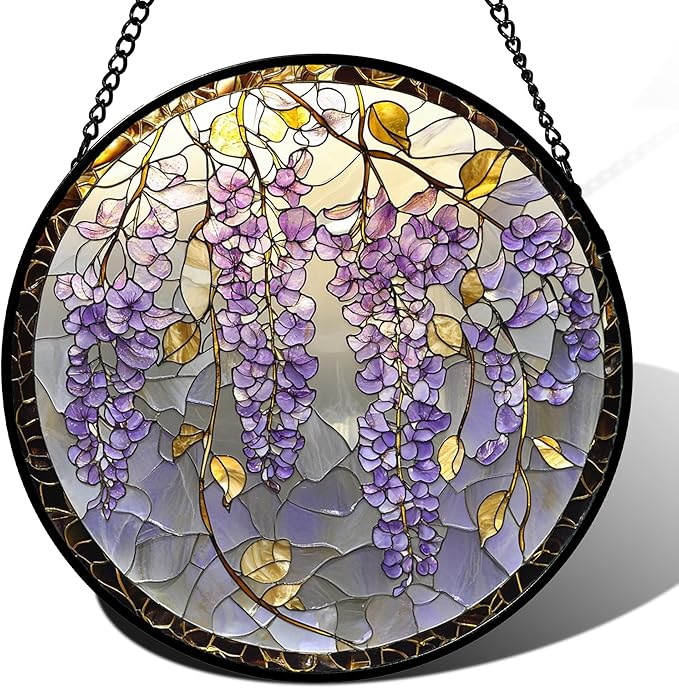 AMDERVEN Stained Glass Window Hanging - Wisteria Flower Golden Leaves Sun Catcher for Door Home Decor Plant Suncatcher Christmas Mother's Day Birthday Gifts for Women Men Lovers Mom Nana 7.8 in