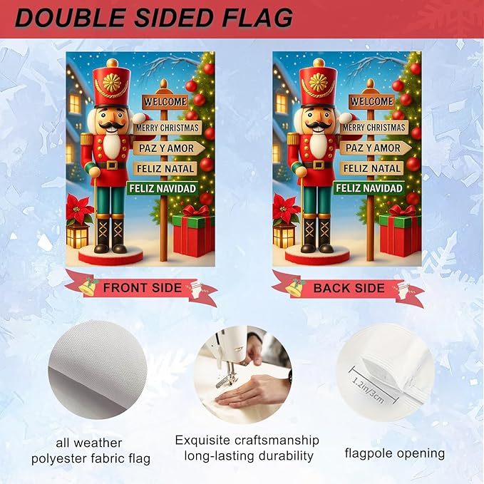 IVN Christmas Garden Flag 12x18 Inch Double Sided Nutcracker with Multilingual Holiday Sign Outdoor Yard Flag for Outside Home Front Door Lawn Porch Patio Welcome Decor