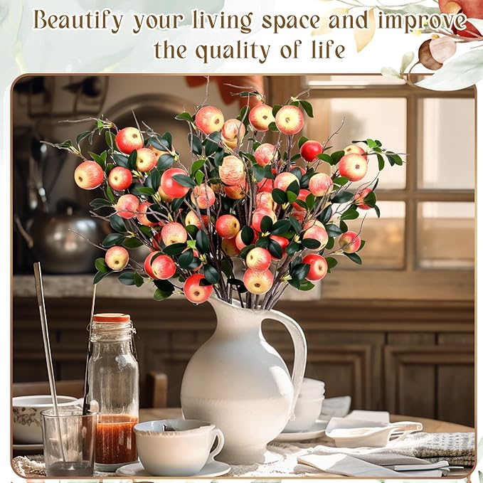 10 Pcs 35.43 Inches Artificial Branches Fake Apple Realistic Tall Apple Bouquets Tree Branch with Long Stem and Green Leaves Fruit Plant for Home Office Vase Filler Shop Decoration