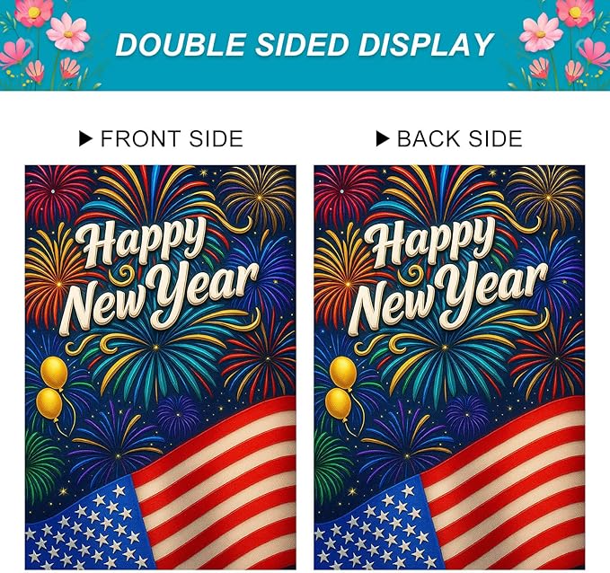 Happy New Year House Flag 28x40 Inch Double Sided Garden Flag American Flag and Fireworks Design Winter Holiday Yard Banner Large Outdoor Polyester Flag for Porch Lawn Home Decoration