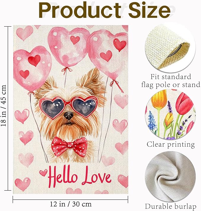 Valentine's Day Yorkie Hello Love Garden Flag, House Yard Plaid Love Heart Outside Decoration, Spring Holiday Wedding Anniversary Outdoor Small Decor 12x18(12624)